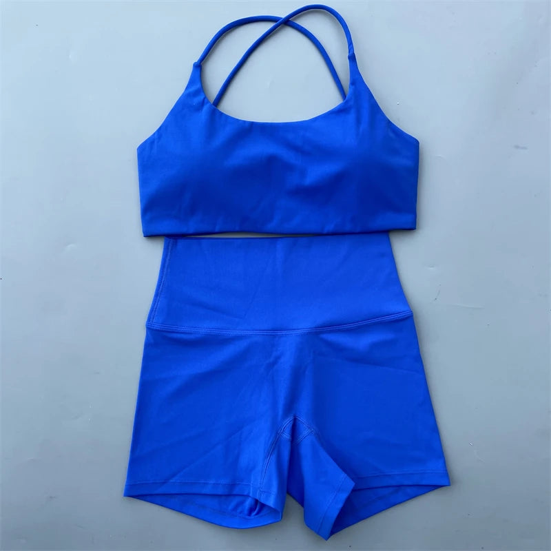 Women's Yoga Shorts Set with Cross-Strap Bra and High-Waist Shorts