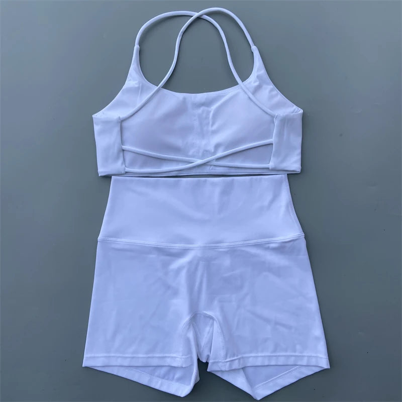 Women's Yoga Shorts Set with Cross-Strap Bra and High-Waist Shorts