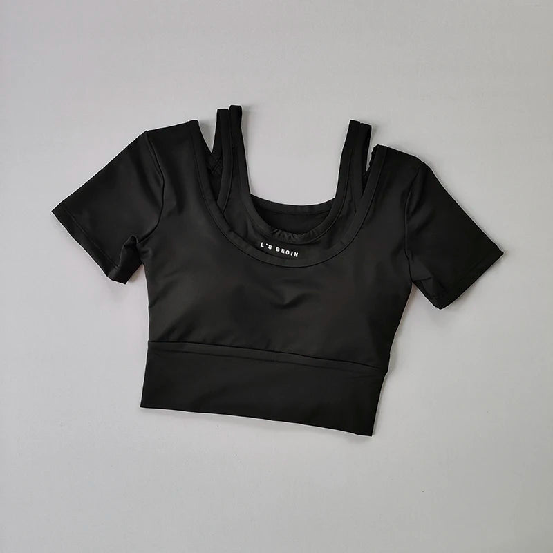 Women’s Fake Two-Piece Sports Top with Built-In Bra