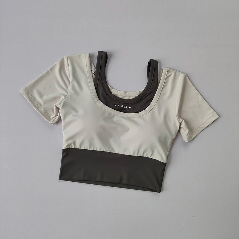 Women’s Fake Two-Piece Sports Top with Built-In Bra