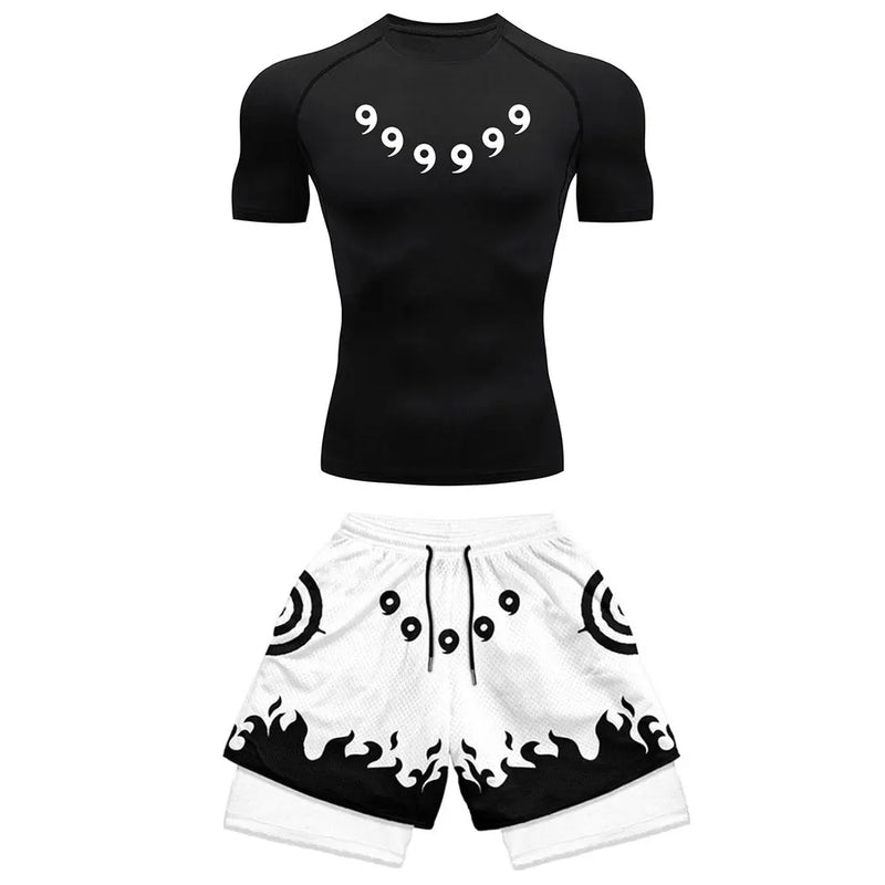 Men's Anime Quick-Dry Fitness Compression Shirt & Gym Shorts
