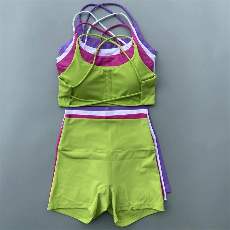 Women's Yoga Shorts Set with Cross-Strap Bra and High-Waist Shorts