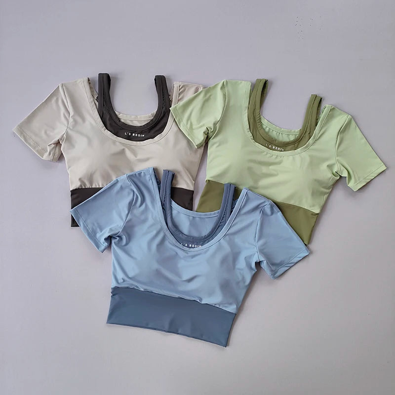 Women’s Fake Two-Piece Sports Top with Built-In Bra