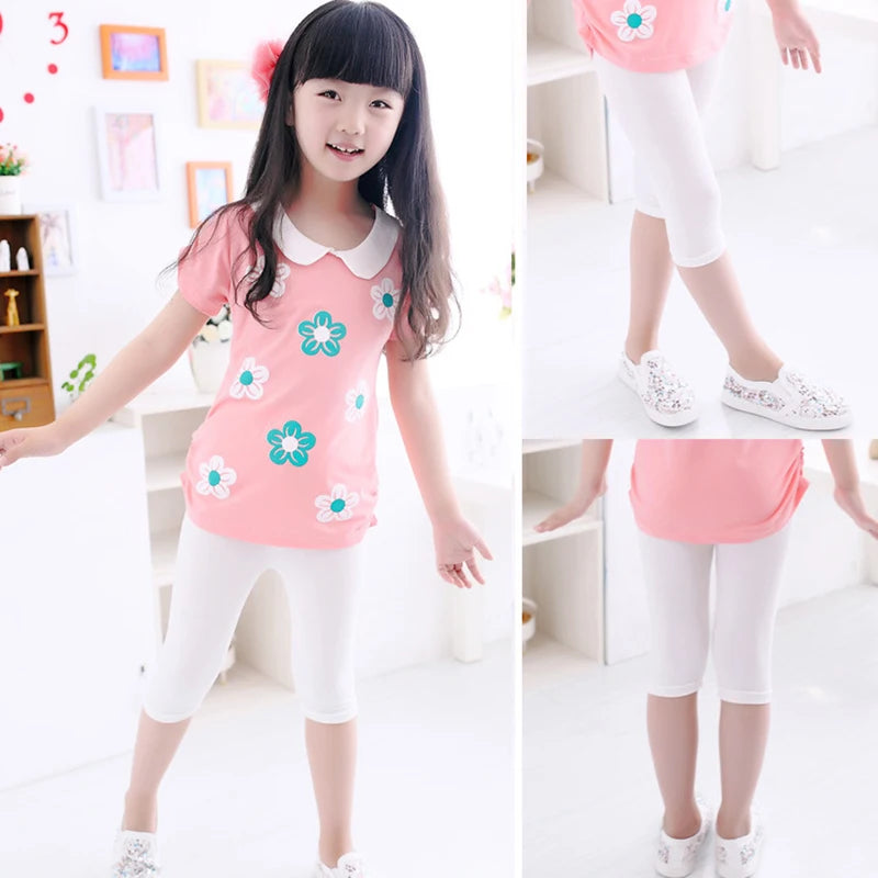 Girls Knee-Length Cropped Leggings – Candy Color Fifth Pants for Kids (3–10 Years)