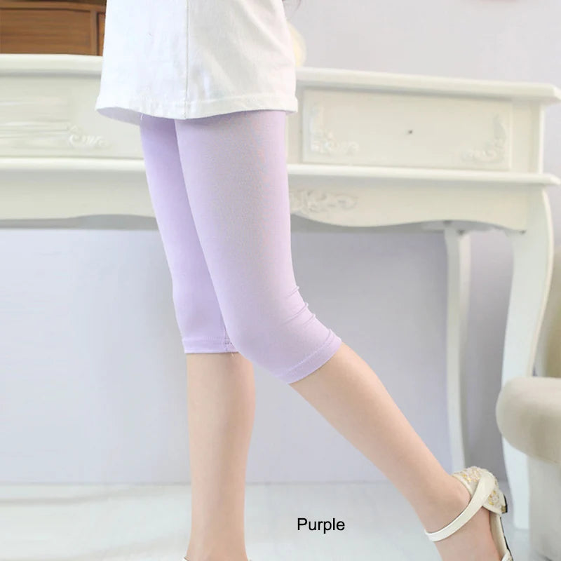 Girls Knee-Length Cropped Leggings – Candy Color Fifth Pants for Kids (3–10 Years)