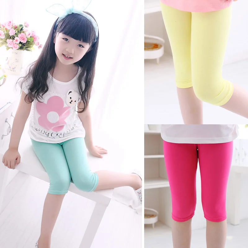 Girls Knee-Length Cropped Leggings – Candy Color Fifth Pants for Kids (3–10 Years)