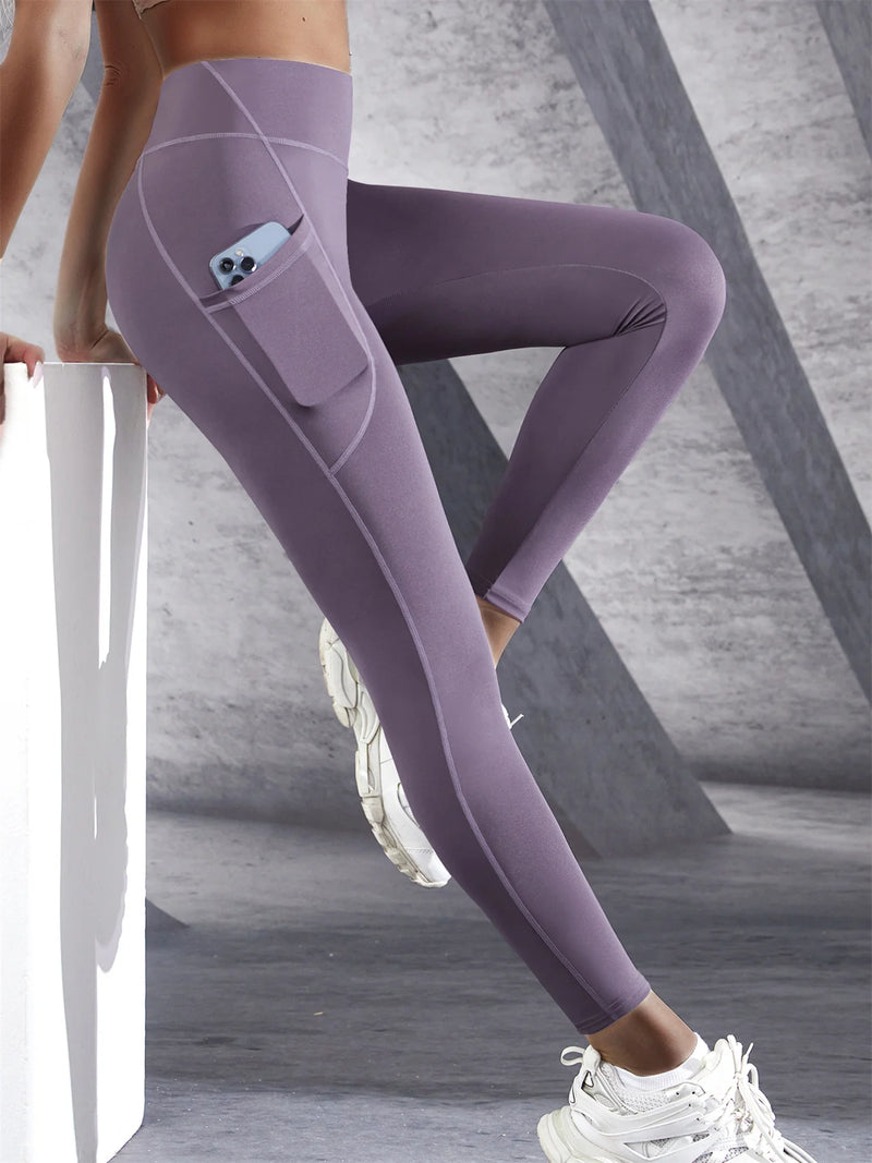 Solid Color High Waist Leggings with Side Pockets – Women's Push-Up Yoga & Fitness Pants
