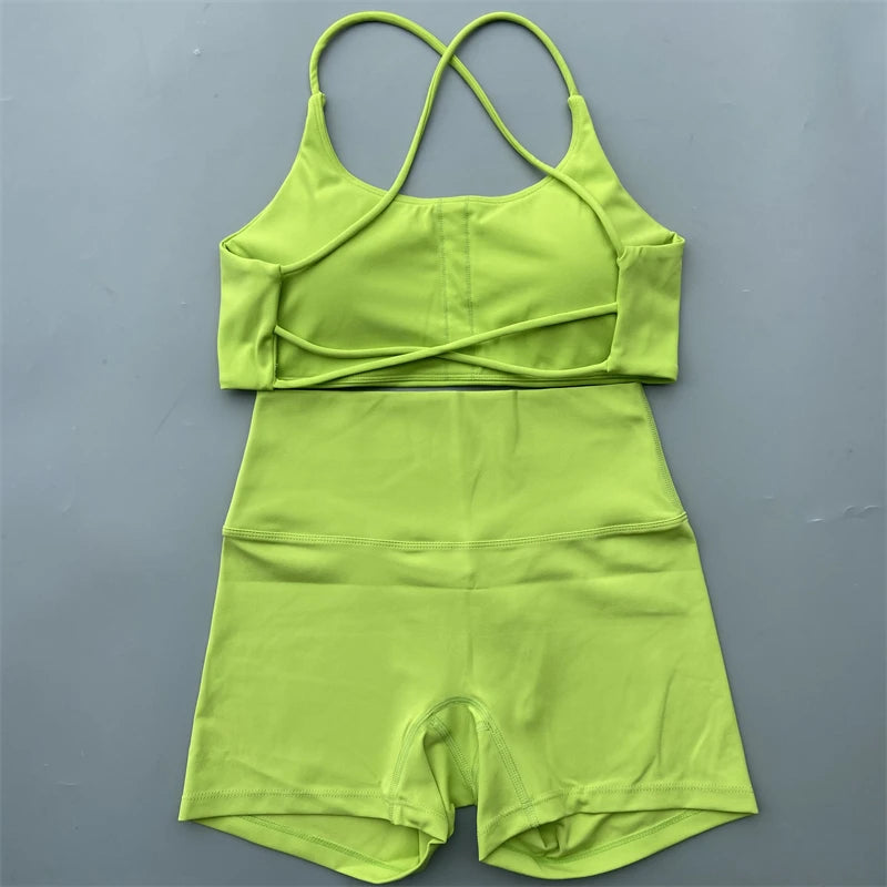 Women's Yoga Shorts Set with Cross-Strap Bra and High-Waist Shorts