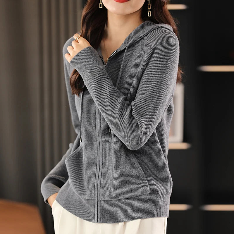 Women’s Zip-Up Knit Cardigan – Thick Warm Sweater with Turn-Down Collar