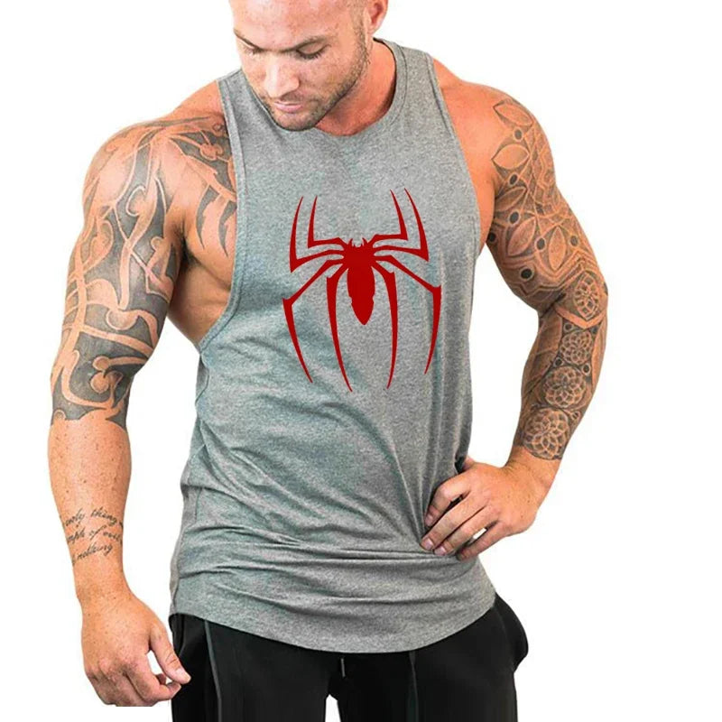 Men’s Red Spider Print Gym Tank Top – Breathable Sleeveless Bodybuilding Shirt