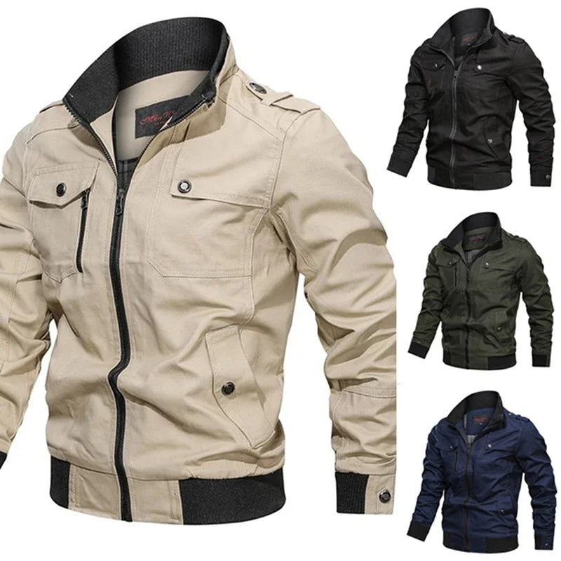 Men’s Vintage Pilot Bomber Jacket – Cotton Cargo Work Coat with Zipper Pockets