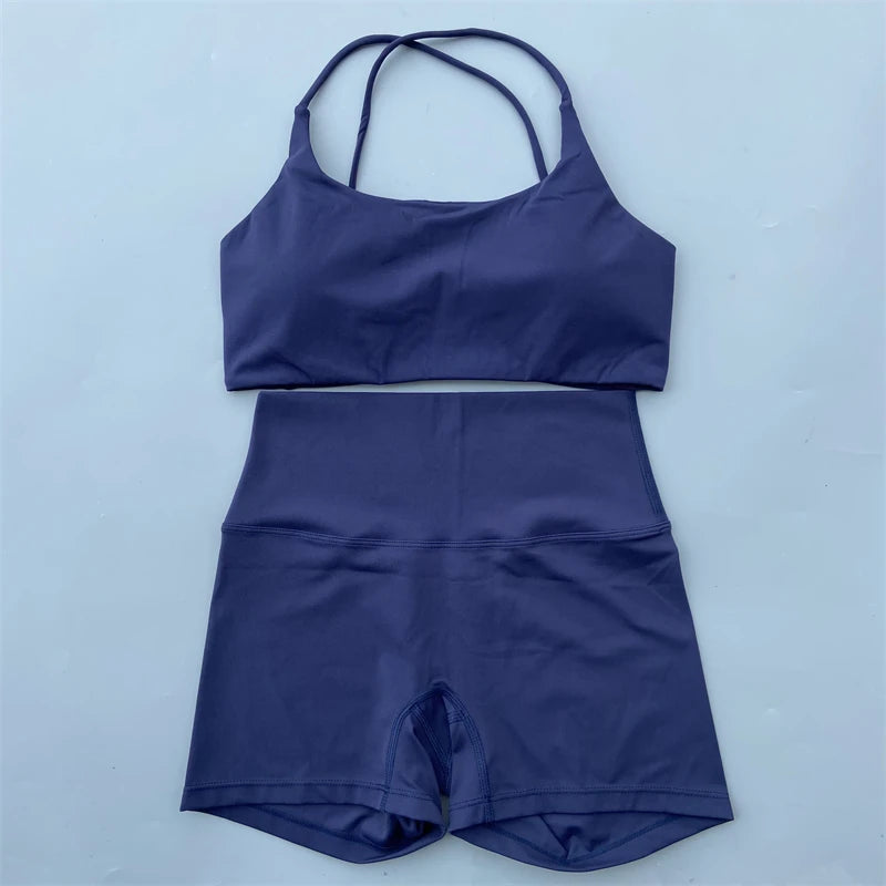 Women's Yoga Shorts Set with Cross-Strap Bra and High-Waist Shorts