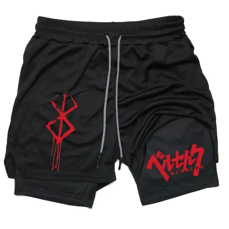 Anime Berserk Men’s 2-in-1 Performance Shorts – Compression Gym Workout Shorts with Pockets