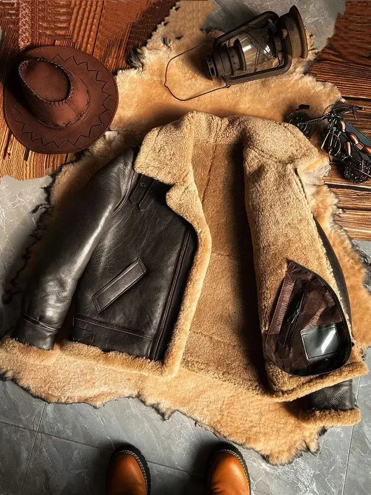 Men’s Genuine Sheepskin Leather Winter Jacket – Brown Shearling Coat with Thick Wool Lining, Plus Size