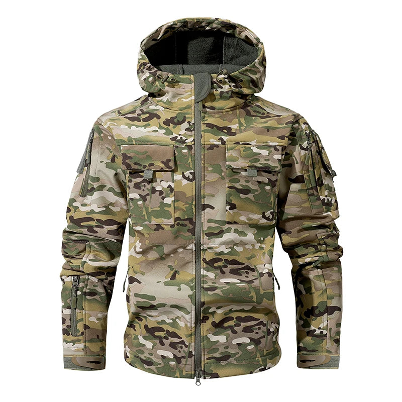Men’s Camouflage Softshell Tactical Jacket – Hooded Waterproof Fleece Outdoor Coat