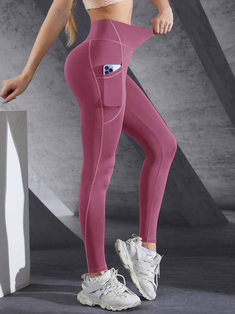 Solid Color High Waist Leggings with Side Pockets – Women's Push-Up Yoga & Fitness Pants