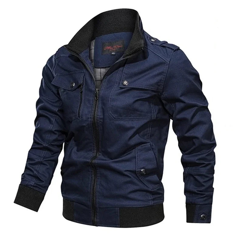 Men’s Vintage Pilot Bomber Jacket – Cotton Cargo Work Coat with Zipper Pockets