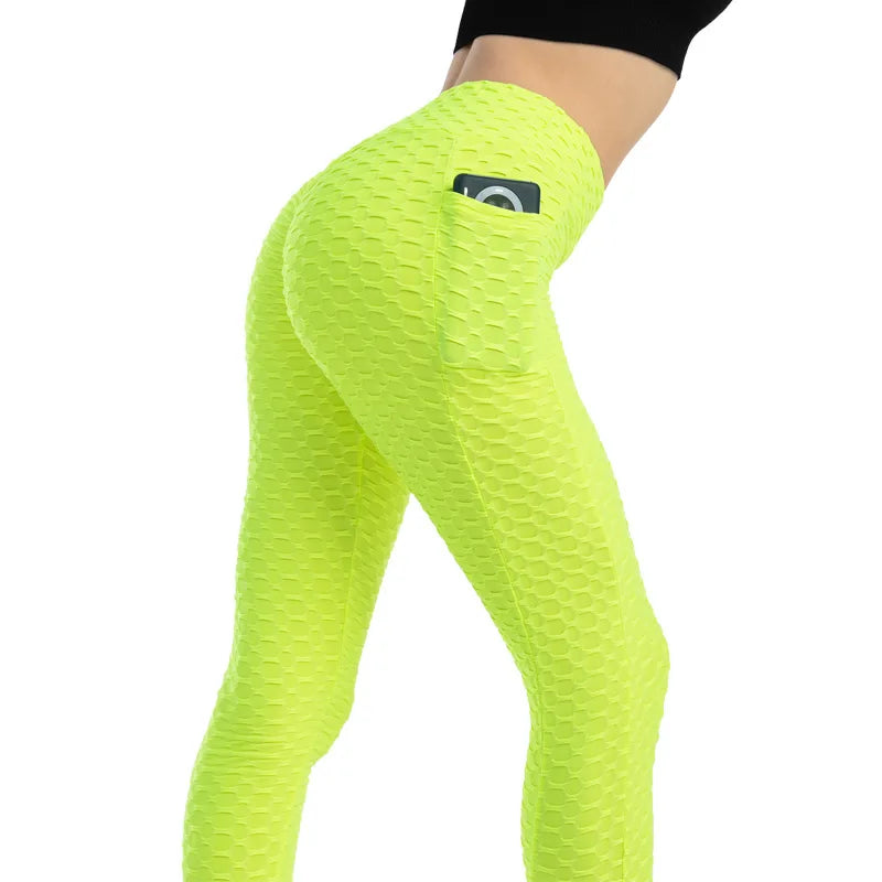 Women’s High Waist Pocket Bubble Leggings – Hip Lift Gym Fitness Pants