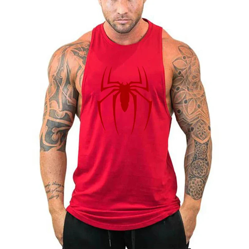Men’s Red Spider Print Gym Tank Top – Breathable Sleeveless Bodybuilding Shirt