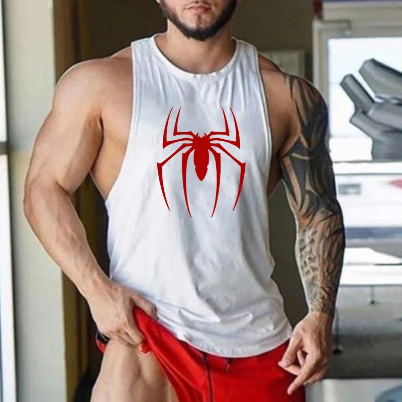 Men’s Red Spider Print Gym Tank Top – Breathable Sleeveless Bodybuilding Shirt