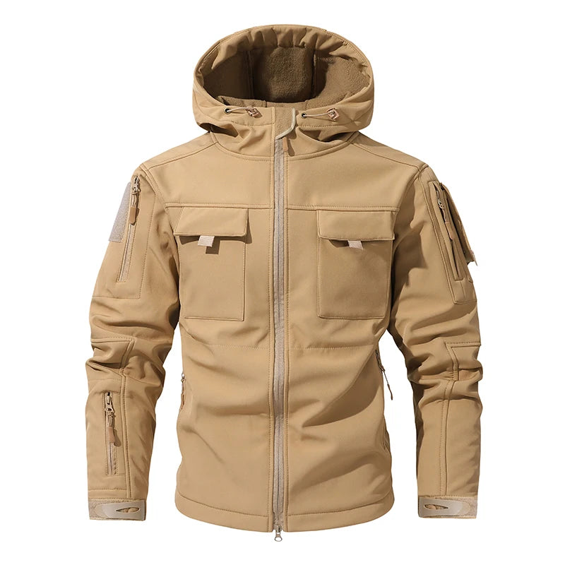 Men’s Camouflage Softshell Tactical Jacket – Hooded Waterproof Fleece Outdoor Coat