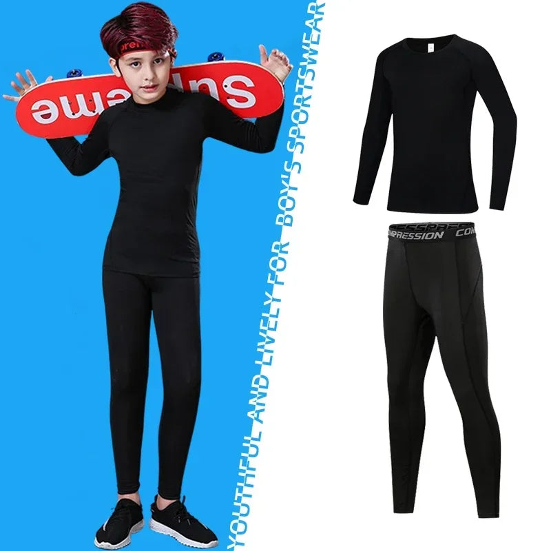 Kids Compression Sportswear Set – Warm Running & Basketball Base Layers for Boys