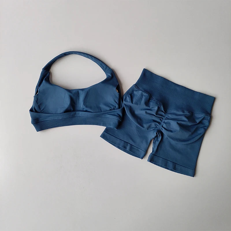 Sexy Halter Neck Sports Bra & High Waist Shorts Set – Women's Pilates Yoga Fitness Outfit