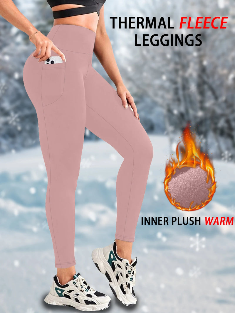 Women’s Thermal Fleece Lined Leggings – High Waisted Winter Workout Tights with Pockets