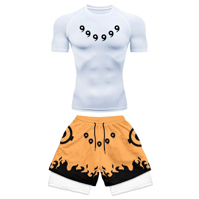 Men's Anime Quick-Dry Fitness Compression Shirt & Gym Shorts