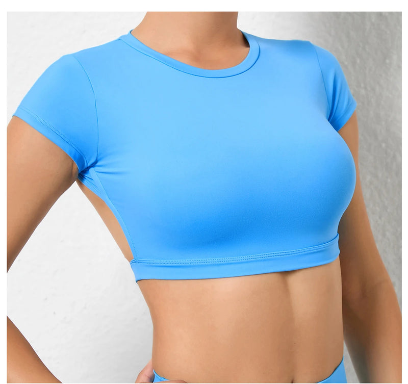 Women's Backless Muscle Back Sports Tee – Open Back Workout Yoga Training T-Shirt