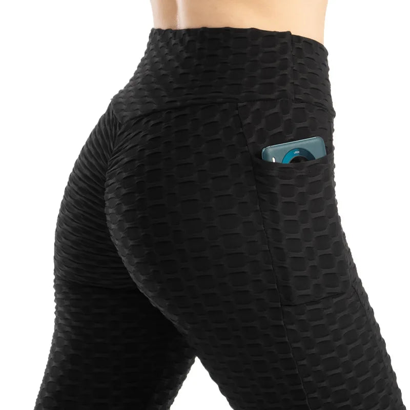 Women’s High Waist Pocket Bubble Leggings – Hip Lift Gym Fitness Pants