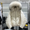 Women’s Short White Duck Down Jacket – Thick Warm Hooded Winter Coat with Fox Fur Collar