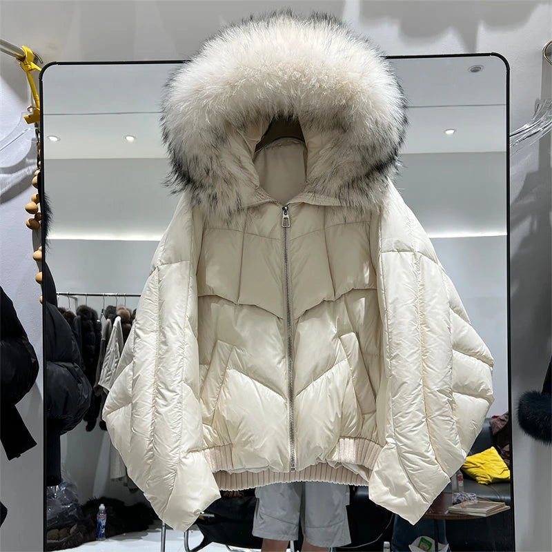 Women’s Short White Duck Down Jacket – Thick Warm Hooded Winter Coat with Fox Fur Collar