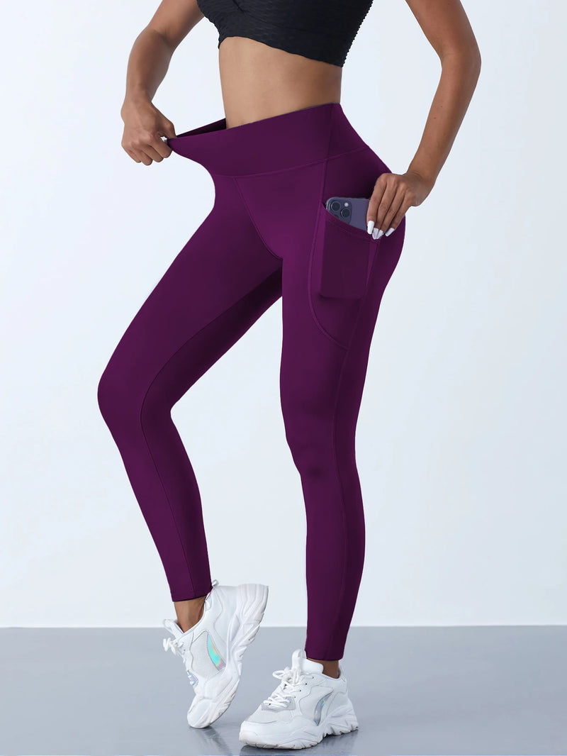 Solid Color High Waist Leggings with Side Pockets – Women's Push-Up Yoga & Fitness Pants