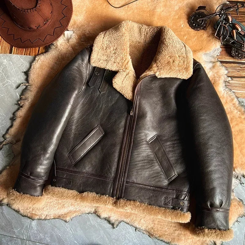 Men’s Genuine Sheepskin Leather Winter Jacket – Brown Shearling Coat with Thick Wool Lining, Plus Size
