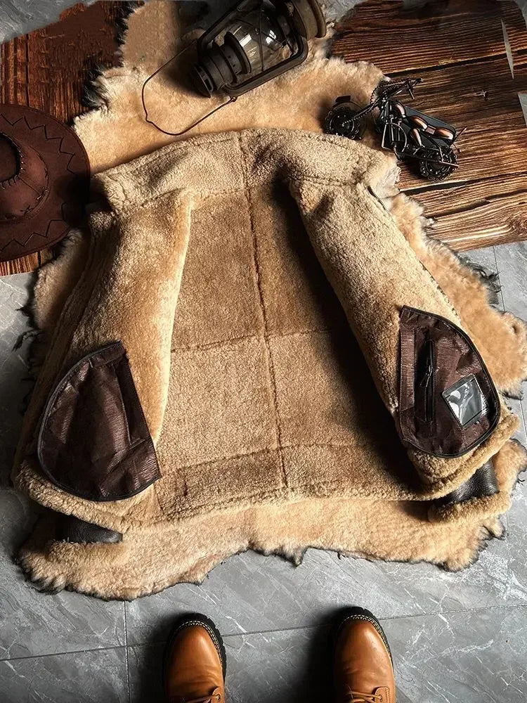 Men’s Genuine Sheepskin Leather Winter Jacket – Brown Shearling Coat with Thick Wool Lining, Plus Size