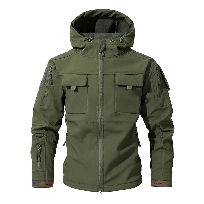 Men’s Camouflage Softshell Tactical Jacket – Hooded Waterproof Fleece Outdoor Coat