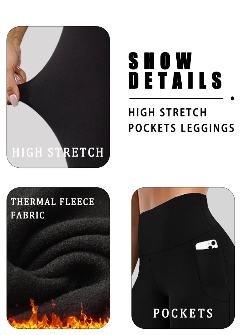 Women’s Thermal Fleece Lined Leggings – High Waisted Winter Workout Tights with Pockets