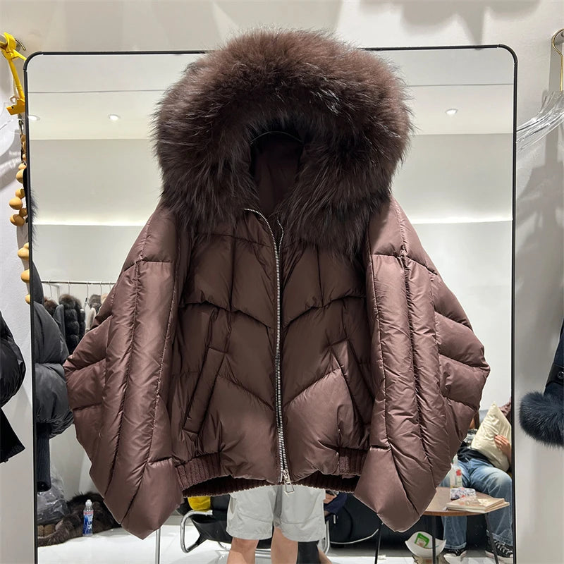 Women’s Short White Duck Down Jacket – Thick Warm Hooded Winter Coat with Fox Fur Collar