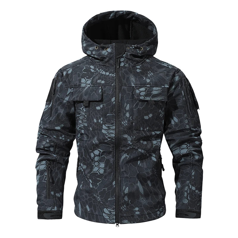 Men’s Camouflage Softshell Tactical Jacket – Hooded Waterproof Fleece Outdoor Coat