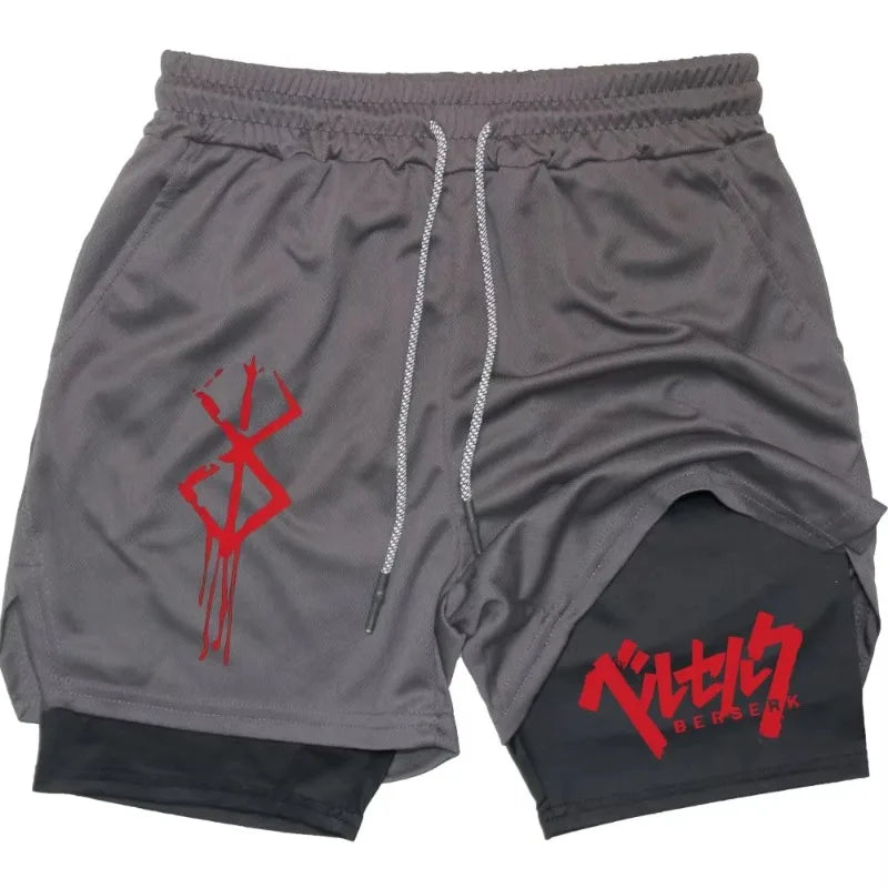 Anime Berserk Men’s 2-in-1 Performance Shorts – Compression Gym Workout Shorts with Pockets