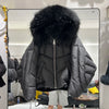 Women’s Short White Duck Down Jacket – Thick Warm Hooded Winter Coat with Fox Fur Collar