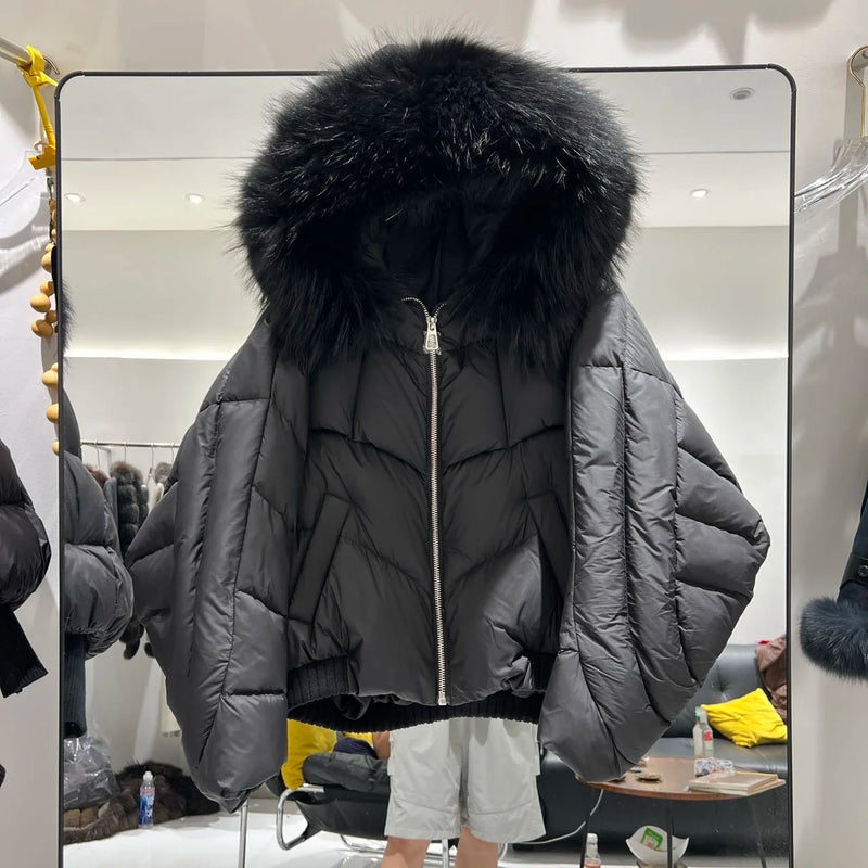 Women’s Short White Duck Down Jacket – Thick Warm Hooded Winter Coat with Fox Fur Collar