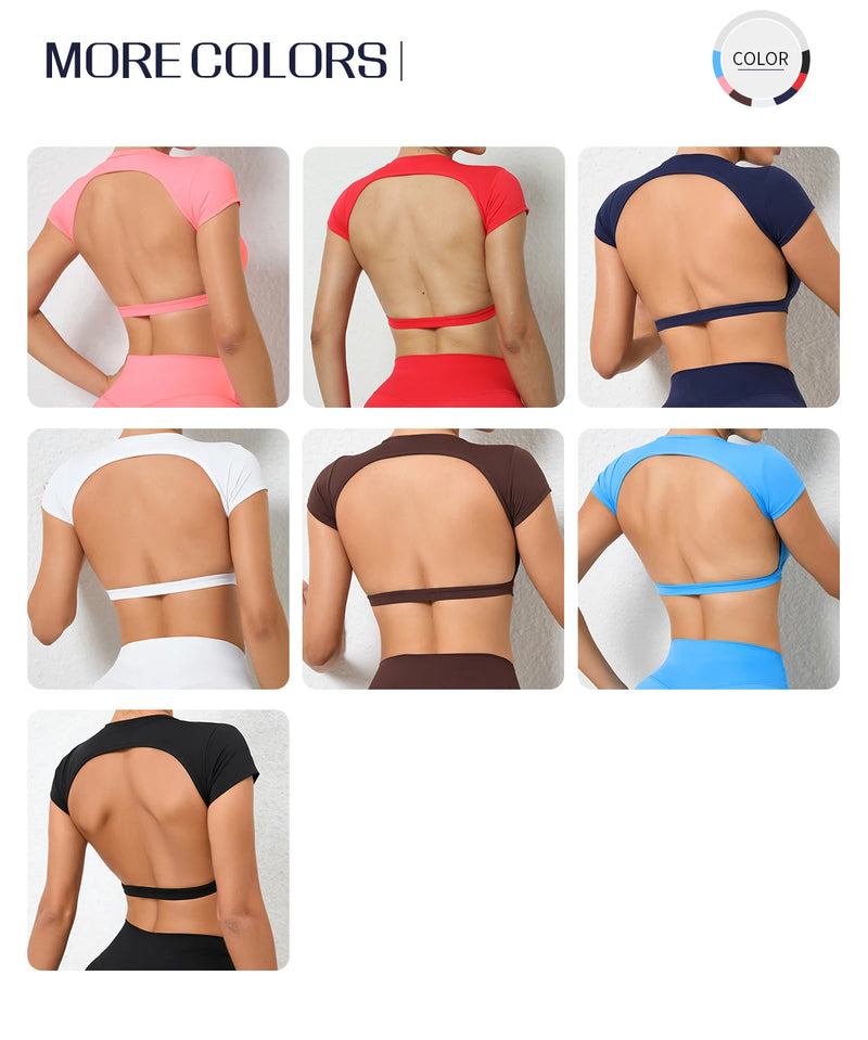 Women's Backless Muscle Back Sports Tee – Open Back Workout Yoga Training T-Shirt