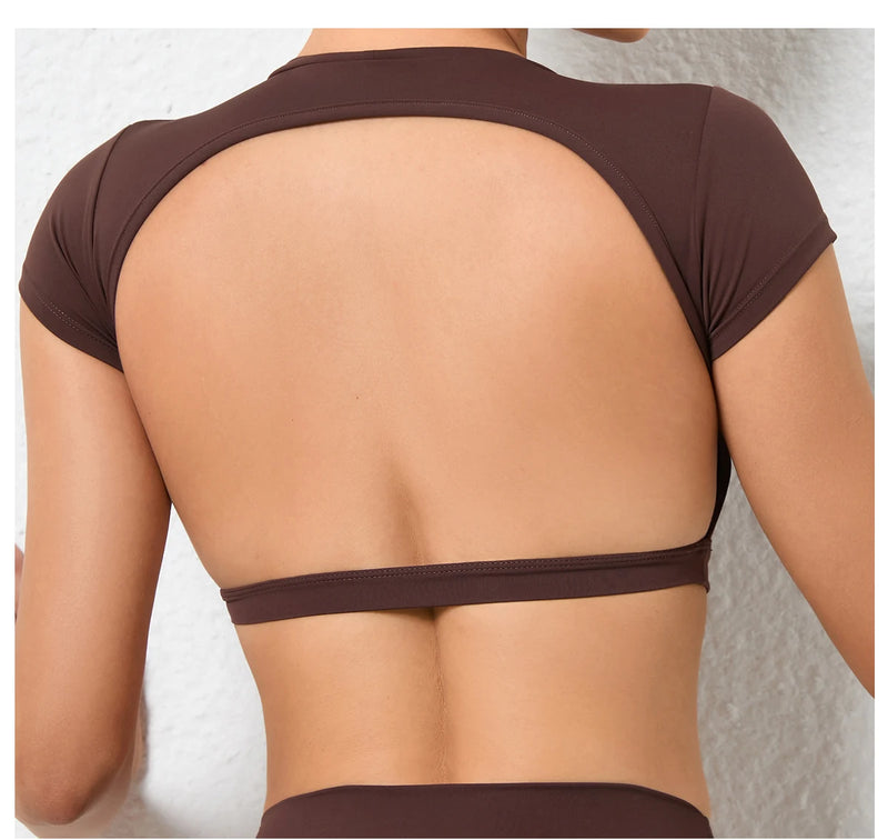 Women's Backless Muscle Back Sports Tee – Open Back Workout Yoga Training T-Shirt