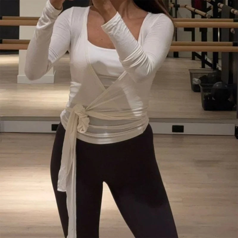 Women’s Wrap Ruched Tie Front Yoga Shirt