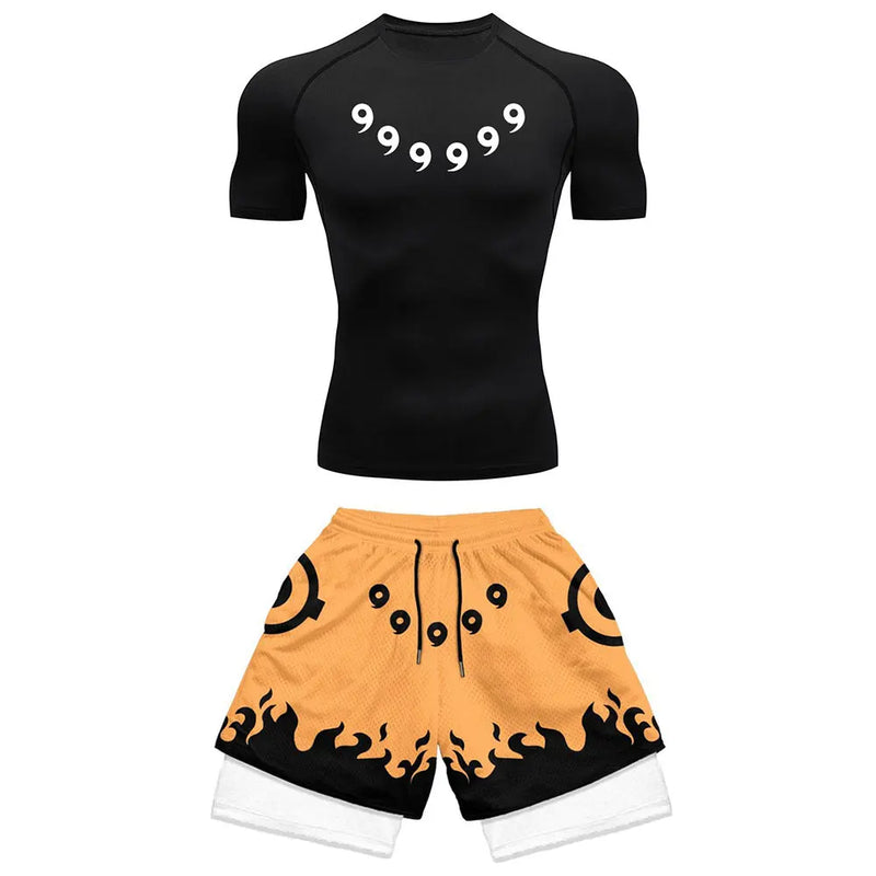 Men's Anime Quick-Dry Fitness Compression Shirt & Gym Shorts