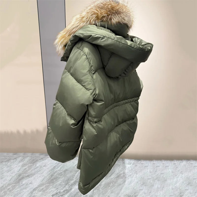 Women’s Winter Down Jacket – Thick Warm Goose Down Coat with Detachable Fur Collar Hood