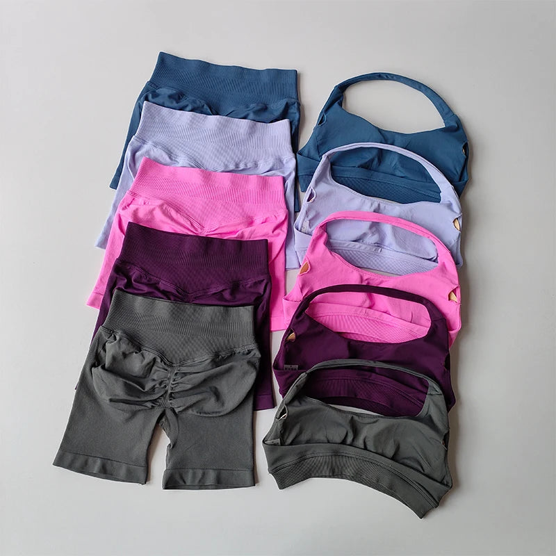 Sexy Halter Neck Sports Bra & High Waist Shorts Set – Women's Pilates Yoga Fitness Outfit