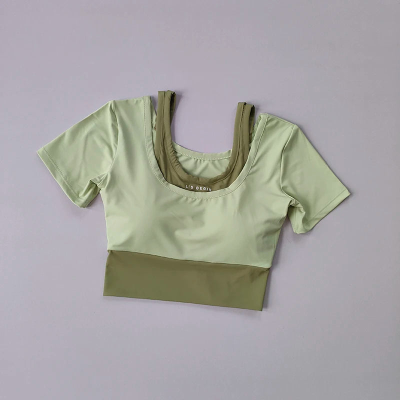 Women’s Fake Two-Piece Sports Top with Built-In Bra